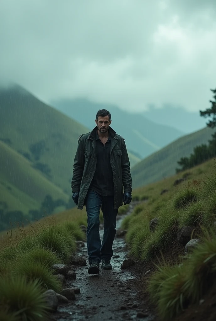 A man can walking in the hill an cloudy and rainy
weather