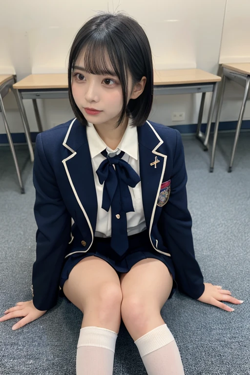 (8k, RAW Photos, Highest quality, masterpiece:1.2), masterpiece, super detailed, super high quality, (Realistic and photorealistic photography:1. 3), High-resolution RAW color photos, Very delicate and beautiful, highly detailed, 8k wallpaper, wonderful, detailed, Very eye, very detailed, very detailed skin, very detailed nose, very detailed mouth, Perfect Anatomy, break, (1 person, Of Japanese:1.2),(Short Bob Hair:1.1), Black hair color, Huge breasts, Very big round breasts, Beautiful Makeup, Glitter makeup, Big Natural Color Lip, Perfect figure, from the front、View here、Crying a little, Beautiful legs, Beautiful legs, Voluptuous thighs, break, Schoolgirl uniform, blazer, Super Short Check Uniform Skirt, (squating,White cotton panties:1.1)、Navy blue knee-high socks, break, class room