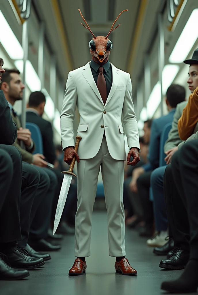 A bullet ant in a white suit standing on a bus holding a sharp blade 