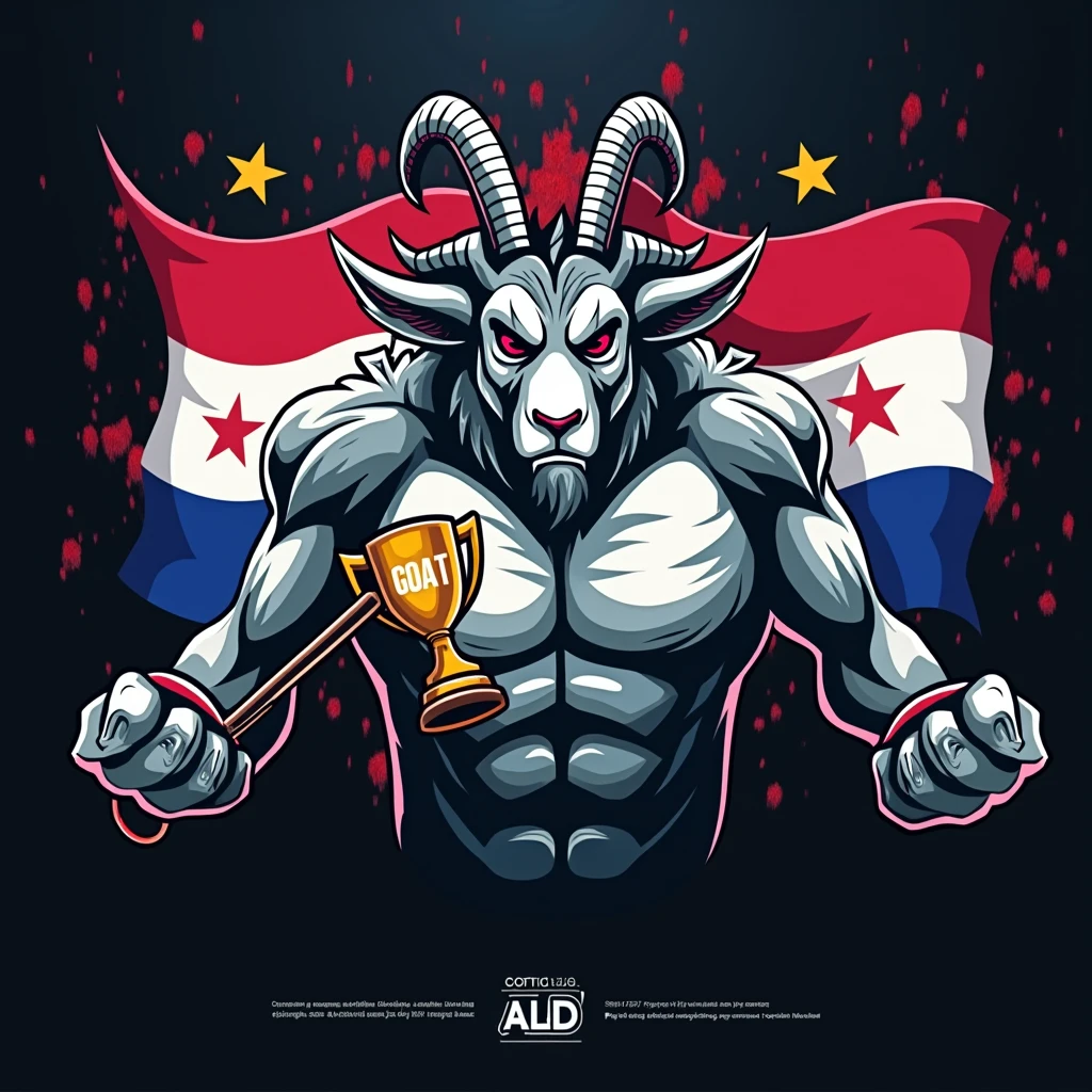 create a sports logo with the name ALD with an indigenous mascot Tupã with a goat holding a trophy written goat inside