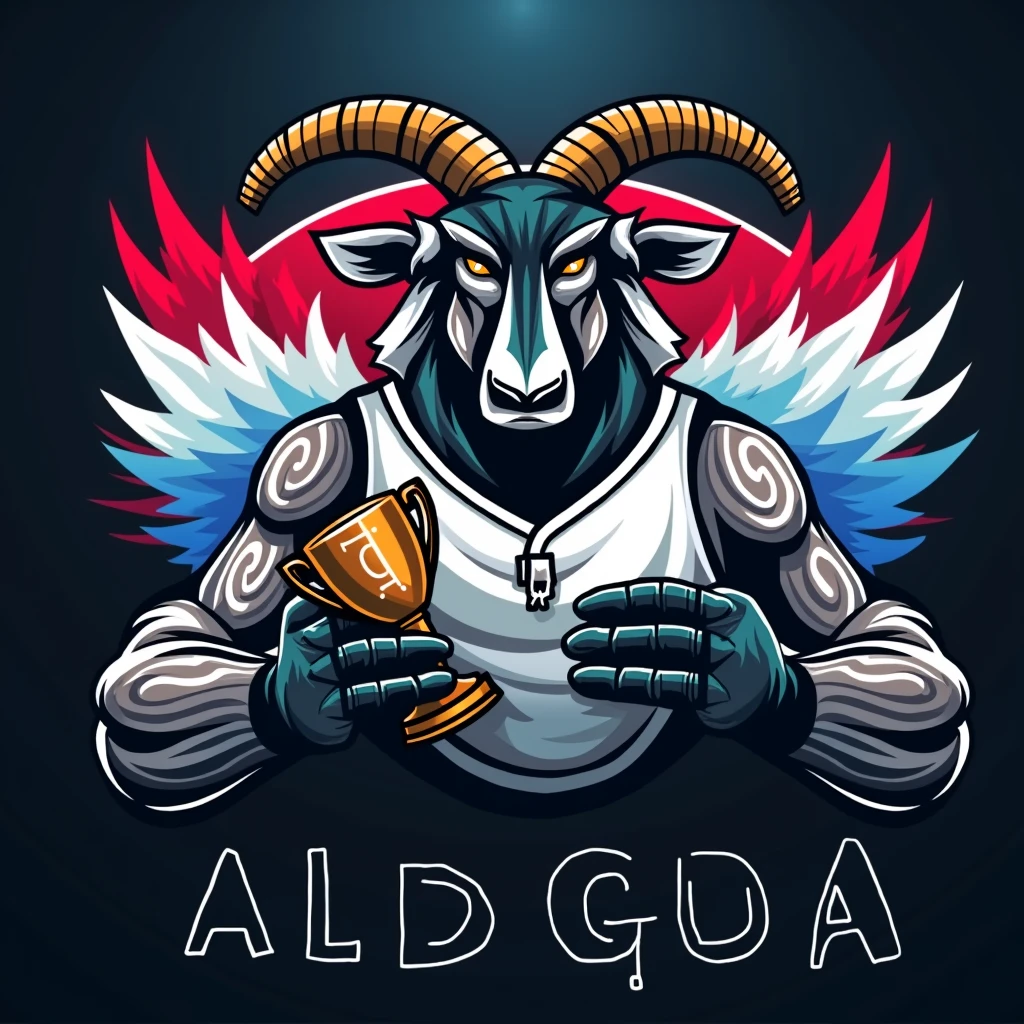 create a sports logo with the name ALD with an indigenous mascot Tupã with a goat holding a trophy written goat inside