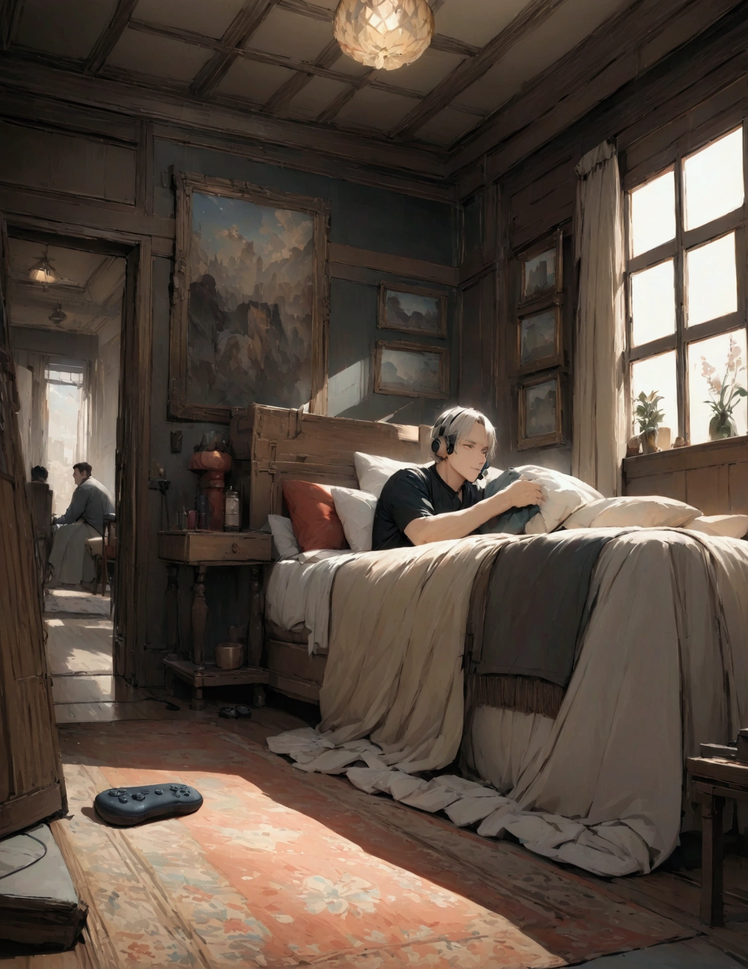 (masterpiece:1.3),(最high quality:1.4),(Very detailedな:1.5),High resolution,Very detailed,8k,artwork,High level of detail,rendering,high quality,Wide range of colors,（One man）,Handsome,Live Room，Inside the room，Sitting on the floor，bed，Press and hold the game controller, shoes，shoes下，carpet，Naughty look，Poster，baseball用バット，baseball，music，cdx,paper towel，earphone，Cinematic light，Detailed Background，最high quality，8k，Wide Wide Shot，Depth of written boundary，High detail，masterpiece