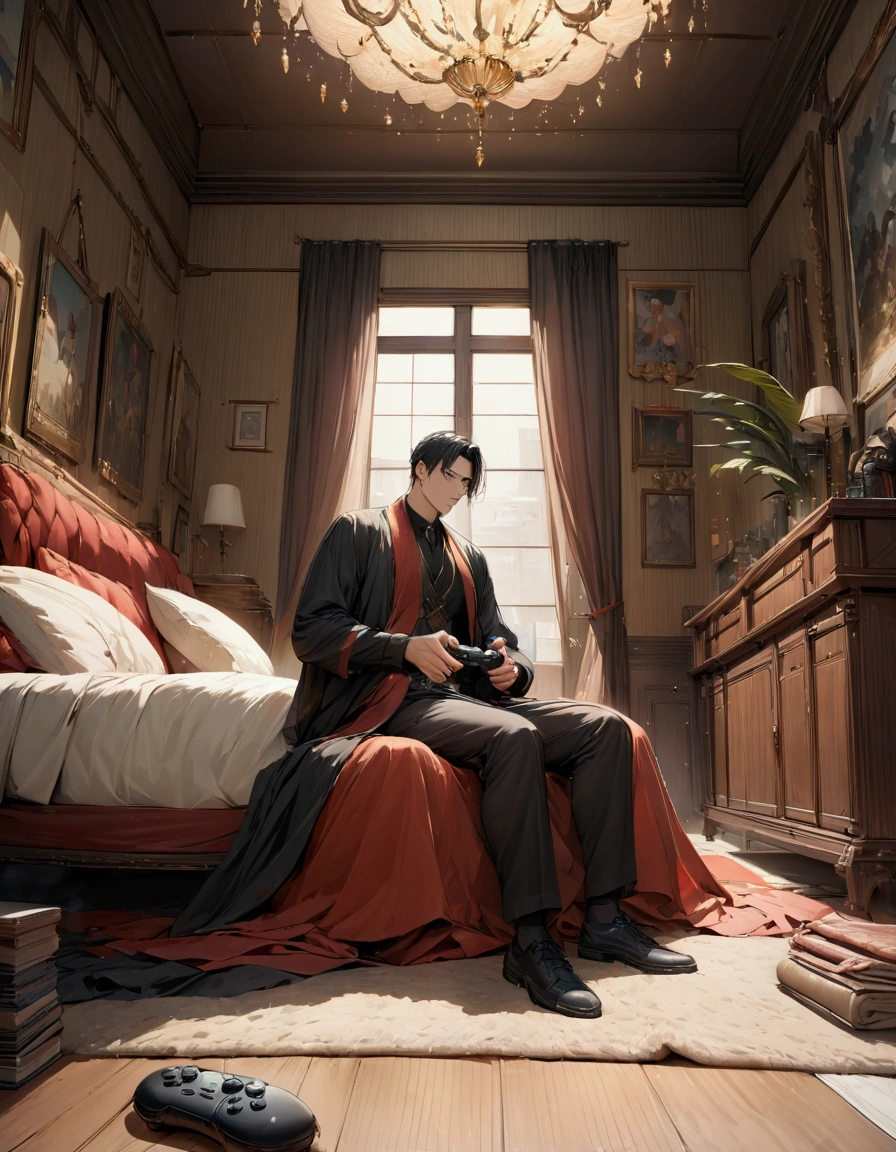 (masterpiece:1.3),(最high quality:1.4),(Very detailedな:1.5),High resolution,Very detailed,8k,artwork,High level of detail,rendering,high quality,Wide range of colors,(One man),Handsome,Live Room,Inside the room,Sitting on the floor,bed,Press and hold the game controller, shoes,shoes下,carpet,Naughty look,Poster,baseball用バット,baseball,music,cdx,paper towel,earphone,Cinematic light,Detailed Background,最high quality,8k,Wide Wide Shot,Depth of written boundary,High detail,masterpiece