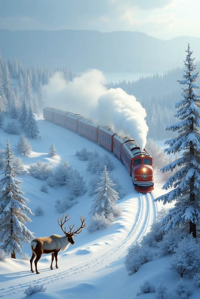 Train in snowy hills and icy lake with reindeers