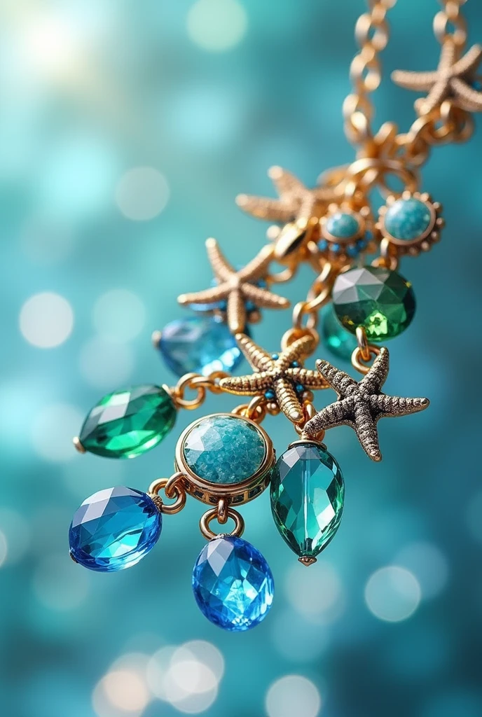  A phone charm with blue and green crystal charms and sea inspired charms