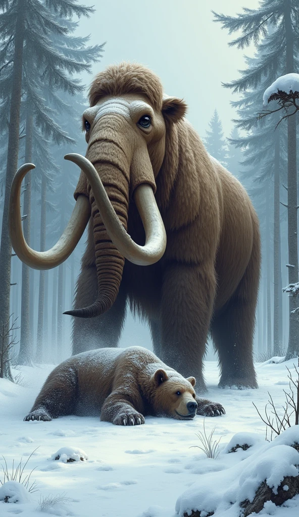 Mammouth standing on a dead bear that it fought in a snowy forest