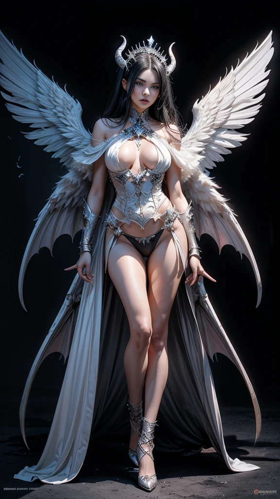 full body image, (Realistic picture, highest resolution, 16K), (A demon with large wings and immense power., Twelve wings on the shoulders., Three black bat wings:1.5 , 3 white angel wings:1.5), Has 100 wings on the shoulders, There are 1000 wings that flow., Twelve wings on the shoulders., black bat wings:1.3 white angel wings:1.5), 6 angel wings, 6 devil wings, (Beautiful girl with two meter long hair, Shiny black hair, Smooth white skin, Lips are very red.), ((stand, already)), (big breasts, big tits), (gigantic breast, breast augmentation, Breast 400 cc., small waist, hips raised, small thighs, Long legs), (dynamic poses), (Armor that slightly conceals the body), Separate theme, (Angel wings and devil wings), Floating from the air above the ground, Isolated sky background, Embraced with twelve wings, The horns that grow from the head are like a crown., He who has light, wears little armor, There is power coming out of the body., sparkling wings, white light black light, amazing wings, beautiful gesture, 8K resolution, Resolution 4000 x 2250 pixels, beautiful gesture, Angel wings and devil wings, (Realistic picture, highest resolution), (Large, powerful wings, Wings are much larger than the model&#39;s body., (RAW shooting:1.5, realistic:1.5, dark fantasy:1.5), (Highest quality, Masterpiece, Ultra high resolution), The Desolated Demon World, ((Perfect dynamic composition:1.7, Detailed tattoos all over the body:1.6, Wear exquisite jewelry:1.6)), Highly detailed skin and facial features:1.3, Details of the limbs, (A sexy succubus with big wings.:1.3, beautiful and beautiful:1.3), War between gods and demons, chaos, darkness, fight, (The tight black leather suit is just right.:1.3), big breastsที่กำลังจะระเบิด, Don&#39;t show your nipples, ช่องว่างbig breasts, Large breasts close together, (The expression on your face when you feel a strong touch., Facial expressions when feeling pleasure, A look sunk in joy), beautiful blue eyes, Eyes that give a feeling of elegance and beauty, sexy face, Blush, (Too erotic and cute:0.9, Fascinating:0.9), (An incomprehensible amount of fluid flows throughout the body., Six pairs of large wings, Large devil wings, The size of the devil&#39;s wings, Amazing wings, The bloodline of the gods and demons is strong., Can see the whole body, 