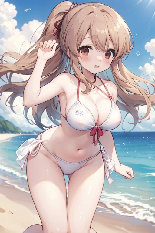 
(Highest quality、masterpiece：1.2)Mikuru Asahina、cute、Big Tits、Ocean、Sandy Beach、Micro Bikini、ultra hi resolution picture、Clear skies、Embarrassed and blushing face、Detailed Background、Chestnut Hair、ponytail