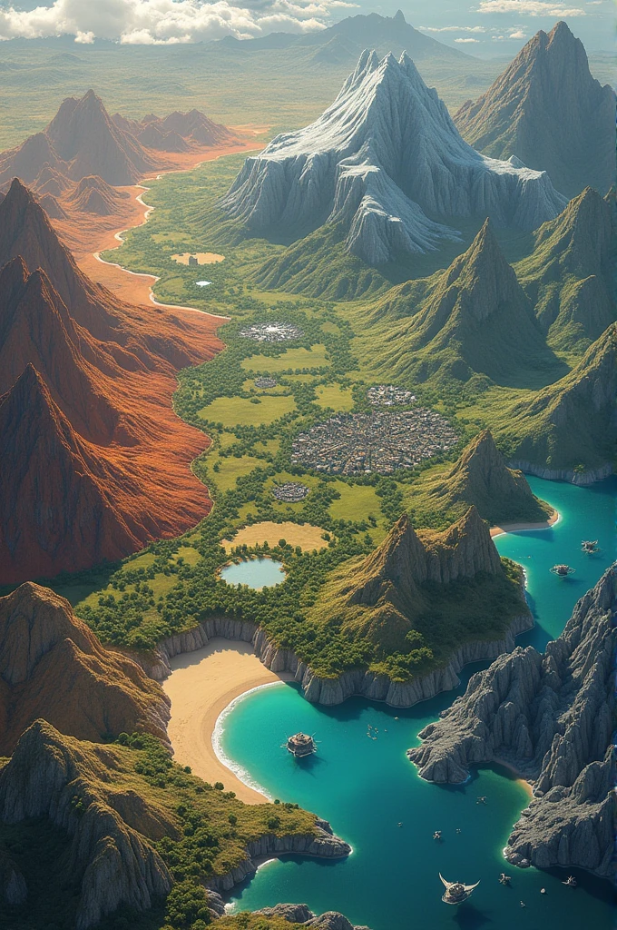 Extra large world map on fantasy planet Earth. , In a galaxy far, far away , Consists of 4 types of terrain , The western world is a volcanic world, a landscape of boiling lava, dark rocks and glowing rivers. To the right of the volcano is a large desert area. , In the eastern world, a great city lies beneath a huge glass dome. Its inhabitants live in white, sponge-like houses, while the ruler of a magnificent palace sits atop a tower that towers over the city. The city is technologically advanced and its people enjoy prosperity., A world in the south, near the sea, a sea area, and a huge black hole in the middle of the sea. An ideal medieval world, consisting of a beautiful village, surrounded by fields and forests, that seems to come out of a fairy tale book. , The southern world has a large forest area, which is the territory of the Elf tribe. , The northern world is a snow world, a beautiful landscape of snow-capped mountains and icy valleys. Beneath the peaks lies a modern metropolis deep in the ice. , The high mountain area of the Dragon Clan , There are flying dragons in the mountains and it is a snowy area. ,