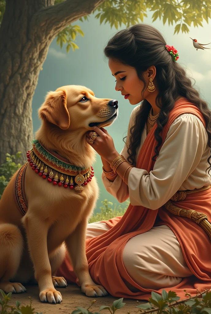 Devaki feeding to Lord Krishna in his childhood. Here Krishna is depicted as a golden retriever dog, the dog's color is brown but not completely dark brown. The dog will be little brown. Devaki will be feeding him, A flute will be present next to the dog. In the background there will be a tree and some birds. Dog will be decorated like Lord Krishna and the dog will be wearing Indian traditional dress. Both dog and devaki face is clearly visible and both are looking front. Please keep a flute next to the dog. Devaki eyes are open and attractive.
