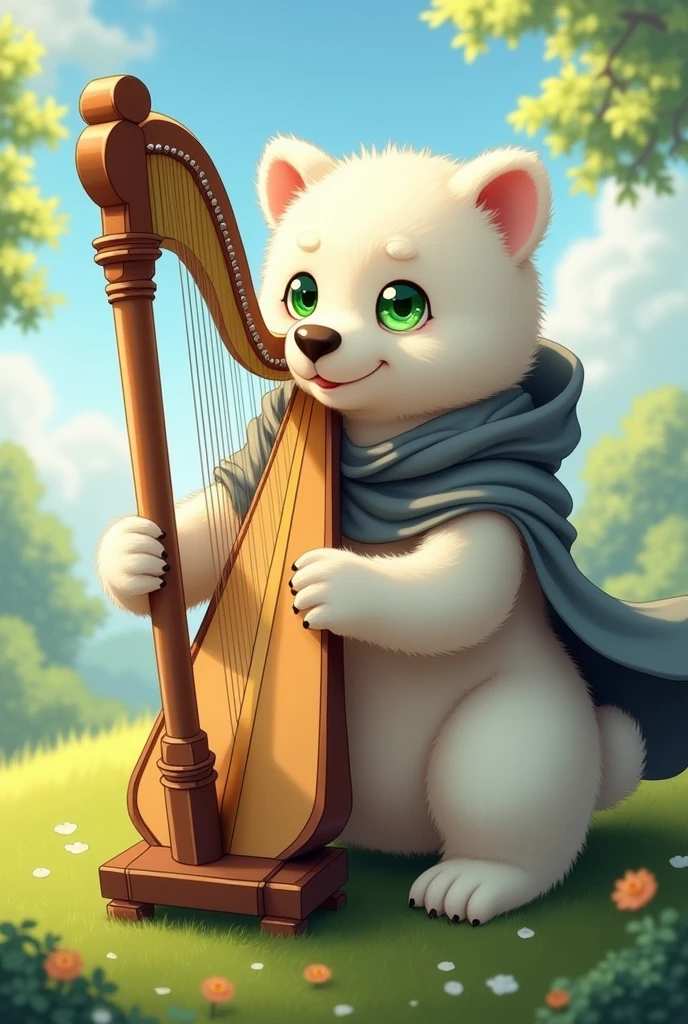 masterpiece, high quality, Absurd answer, number \(artwork\), by Dagasi, Yes,Seizan,(Fluffy fur:1.1),(bright:0.8),Anthropomorphic male bear. (Green eyes,White fur, Body hair, Cat nose:1.2), bright eyes,panoramic,character focus.Detailed background,(Gray cloak, peaceful，Smile，Play the harp:1.2),(out-of-door, grassland:1.2)