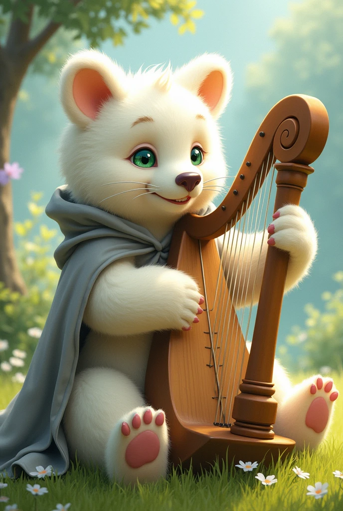 masterpiece, high quality, Absurd answer, number \(artwork\), by Dagasi, Yes,Seizan,(Fluffy fur:1.1),(bright:0.8),Anthropomorphic male bear. (Green eyes,White fur, Body hair, Cat nose:1.2), bright eyes,panoramic,character focus.Detailed background,(Gray cloak, peaceful,Smile,Play the harp:1.2),(out-of-door, grassland:1.2)