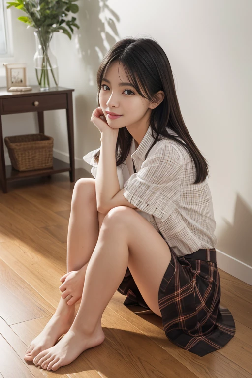 8k, RAW Photos, Highest quality, masterpiece:1.2), masterpiece, Highest quality, shape, Very detailed, The finer details, High resolution, 8k,wallpaper, Perfect dynamic composition,(High quality with attention to detail, Realistic depiction of eyes:1.3)、Hands tied、A woman tied up、Put your arms around my back, Tie your hands behind your back, Sitting with my feet together on the floor of a bright gym、Stand in front of each other with knees bent、with legs wide open,、Tartan Check Pleated Skirt、whole body、White panties are visible、The whole thing faces forward、21talent、beauty、Well-formed face、Even out the eyes、Beautiful black hair、Bangedium Build、Balanced proportions、Beautiful feet、Short sleeve blouse、Fresh face、Beautiful views、smile、Big Tits 1.4