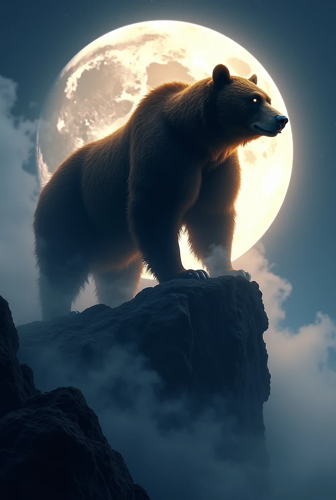 "Moonlit Majesty": A brown bear stands on a rocky cliff, bathed in the soft glow of a full moon. The scene captures the bear’s silhouette against a starry sky, with mist swirling around its paws, creating an aura of mystery and power.