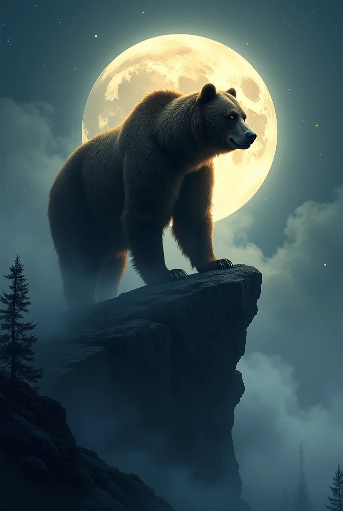 "Moonlit Majesty": A brown bear stands on a rocky cliff, bathed in the soft glow of a full moon. The scene captures the bear’s silhouette against a starry sky, with mist swirling around its paws, creating an aura of mystery and power.
