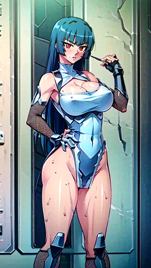 Highest quality, High resolution,Walking around the base,The big window is at the back,The light of the setting sun shines through the window,One hand resting on the wall,(5Finger), (Perfect hands, Perfect Anatomy),(From knees to head),((Images featuring only one woman)),(Sweating),( Blushing),unity 8k wallpaper, (figure:0.8), (Beautiful attention to detail:1.6), Highly detailed face, Perfect lighting, Highly detailed CG,(Glare),Taimanin, Hachizu Purple, (Red eyes),Slanted Eyes, Blue Hair, White skin, Muscular woman, Long hair down to the waist,break shirt, break ((白色のTaimaninスーツ)), (黒色のTaimaninブーツ) , (Taimaninのガントレット),break indoors, break (masterpiece:1.2),((There is nothing)),Two hands,reaching,The pants are white,(Big Ass)
