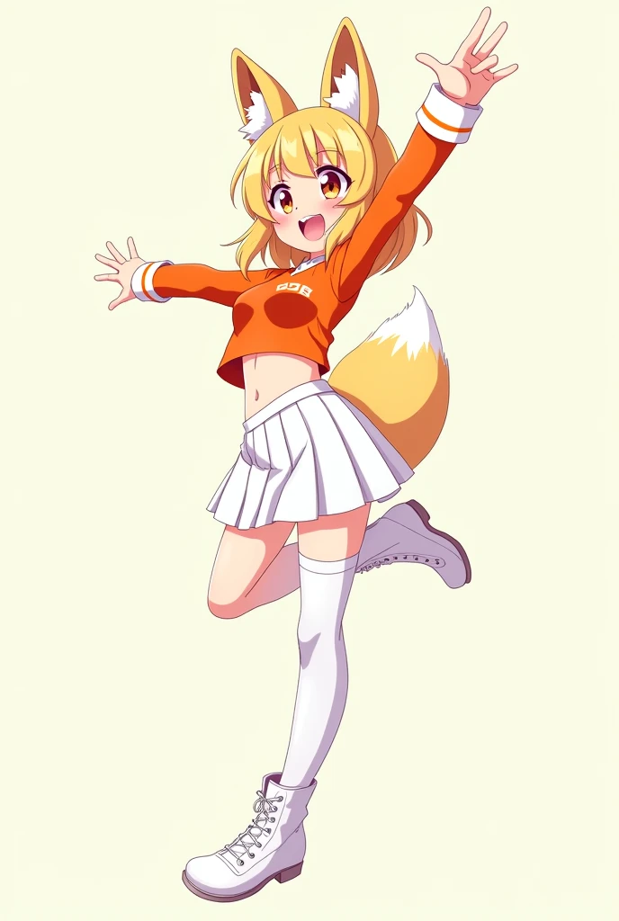 Beautiful anime girl smiley face with a fox ear wearing an orange crop top, white short skirt, stocking, white boots. Jump pose low angle no background