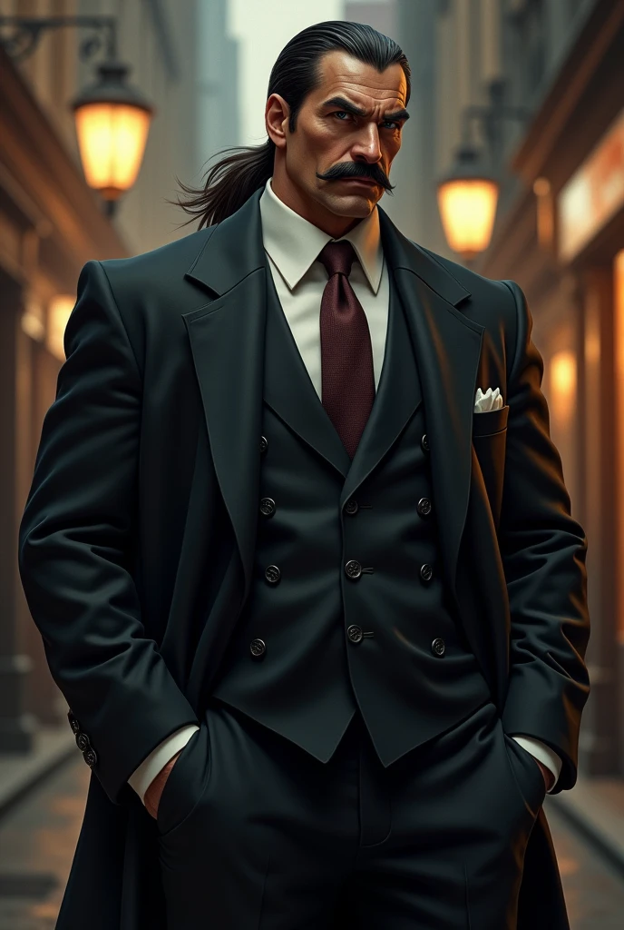 A gangster guy who is 3 and always wear executive coats and suits .He have a growned moustache not beard. Long hair with pony tale . And an attittude face