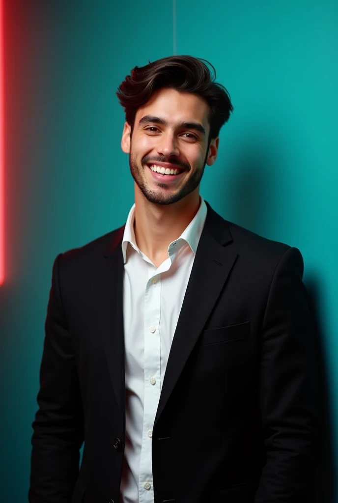 A young man with dark hair and a confident smile.He is dressed in a black blazer over a while shirt.The man is positioned against aqua colour backdrop with a subtle red lighting on the left side and he posing for Facebook profile.