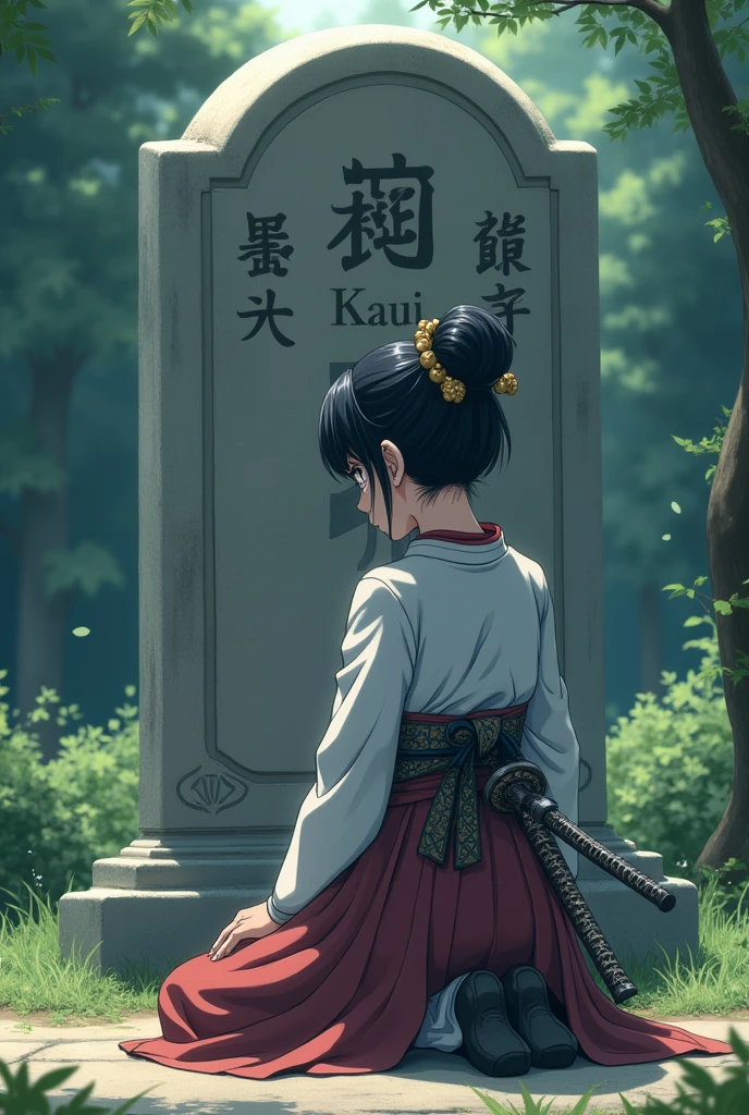 an anime girl in samurai clothes kneeling in front of a tomb with her head bowed, in the tomb it is written "kaue rodriguez
