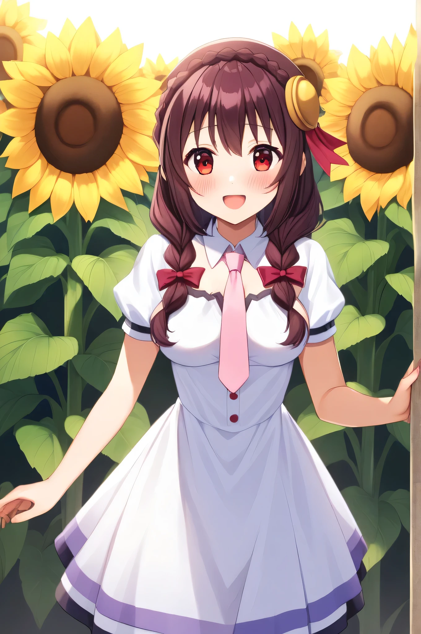 alone, One person, Yunyun, ♥、 (blush:1.5)、Crown braids of the same color as your hair、hair ornaments, Hair Ribbon, Pink tie, White dress, Sunflower field in the background、A very happy look、Standing、He turns around and holds out one hand to the viewer.