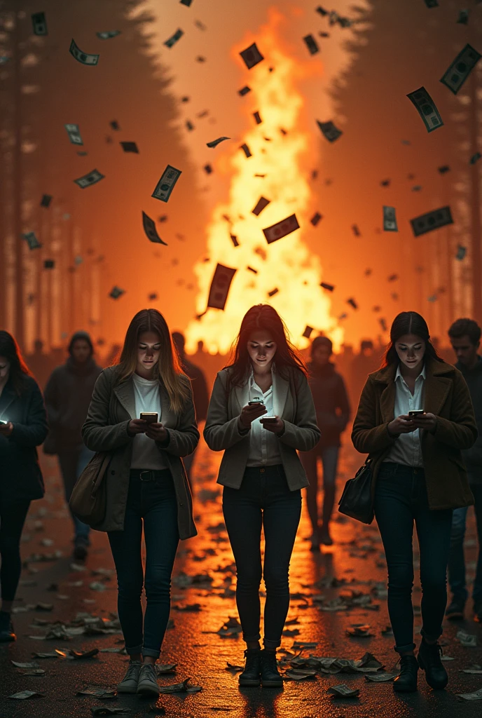 Raining money on fire, people walking using cell phones and ignoring, forest in the background on fire 