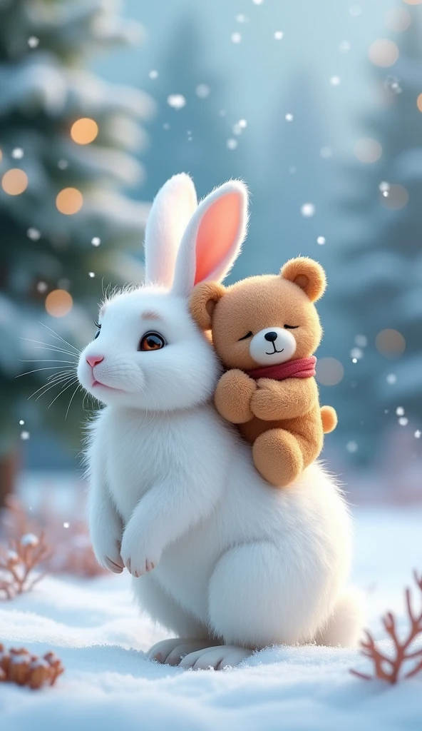 There is snow all around and the snow is falling as well. There is a Christmas tree behind. There is a small white coloured rabbit whose hair is like feathers and there is a small teddy bear. who is brown in colour and is innocent like a dog. The teddy bear is sleeping sitting on the back of the rabbit.image in 3d animation
