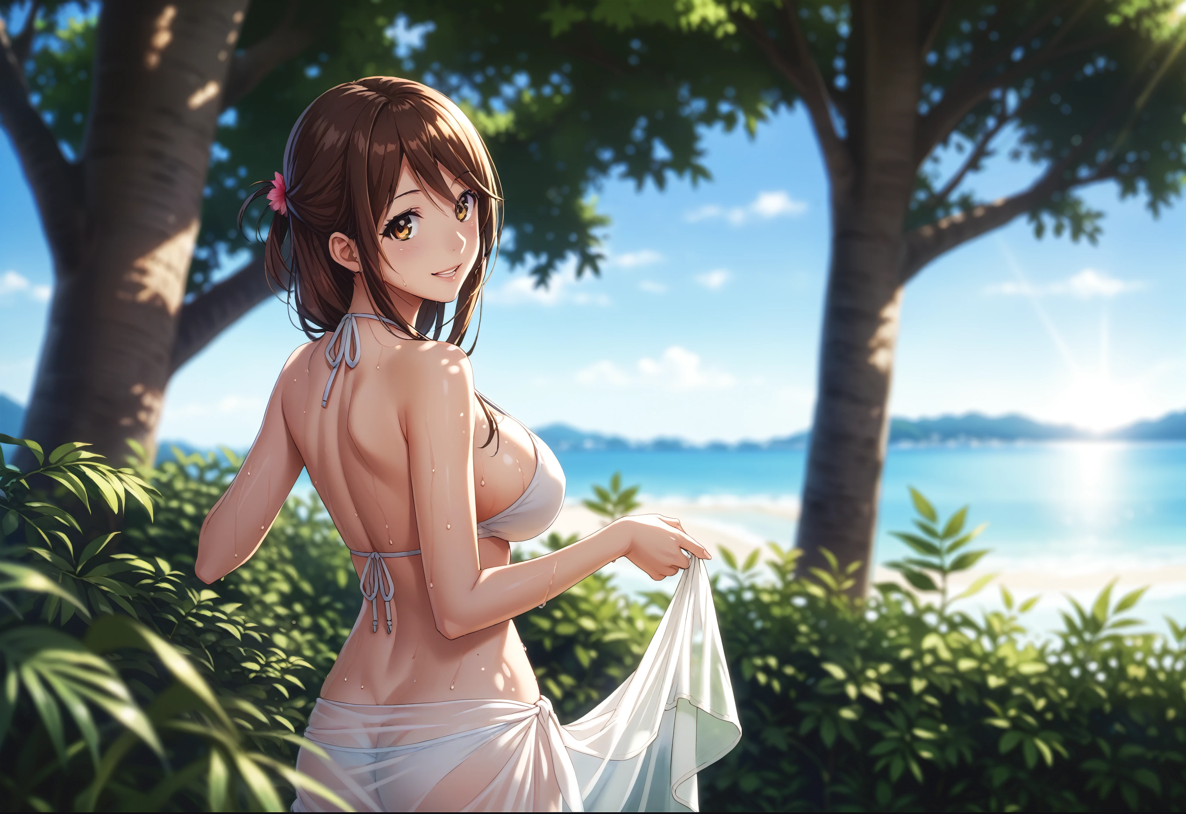 score_9, score_8_up, score_7_up, score_6_up, uncensored, iida nana,long hair, brown hair, brown eyes, huge breasts, BREAK (detailed eyes:1.5), (perfect hands, perfect anatomy), Anime Style, Manga Style, Hand drawn, cinematic, Sharp focus, humorous illustration, big depth of field, Masterpiece, concept art, trending on artstation, Vivid colors, Simplified style, trending on ArtStation, trending on CGSociety, Intricate, Vibrant colors, Soft Shading, Simplistic Features, Sharp Angles, Playful, excessive sweating, sweating profusely, sweating drop BREAK, 1girl, outdoors, solo, swimsuit, bikini, looking back, sarong, looking at viewer, sunset, dusk, white bikini, blurry, tree, from behind, depth of field, breasts, bush, see-through, ass, parted lips, large breasts, smile, back, blurry background, shoulder blades, halterneck, beach, plant, dappled sunlight, sunlight, water, bare arms, standing, white sarong, cowboy shot, sideboob, bare shoulders, ocean, tree shade, shade, foliage, nature, sky