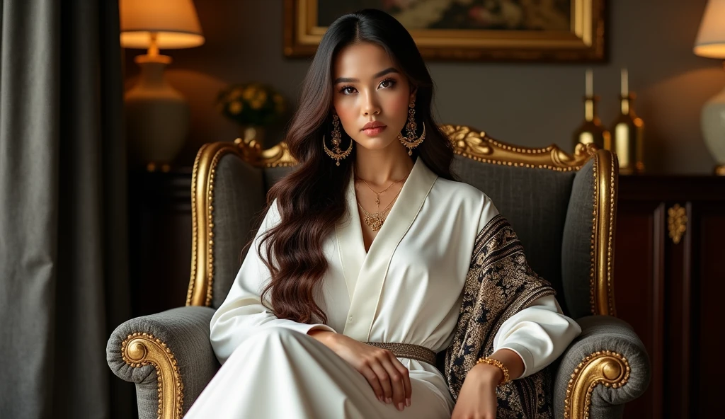 Indonesian woman with long wavy ombre hair. She wore a long white kebaya and was wrapped in a beautiful batik shawl with intricate beading and gold accents. Strappy gold gladiator sandals completed her outfit. She accessorized with big gold earrings and a statement necklace, exuding confidence, dynamic pose. He sat elegantly, in an armchair, surrounded by a room decorated with gold and black