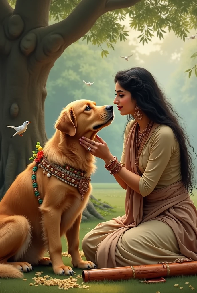 Devaki feeding to Lord Krishna in his childhood. Here Krishna is depicted as a golden retriever dog, the dog's color is brown but not completely dark brown. The dog will be little brown. Devaki will be feeding him, A flute will be present next to the dog. In the background there will be a tree and some birds. Dog will be decorated like Lord Krishna and the dog will be wearing Indian traditional dress. Both dog and devaki face is clearly visible and both are looking front. Please keep a flute next to the dog. Devaki eyes are open and attractive.