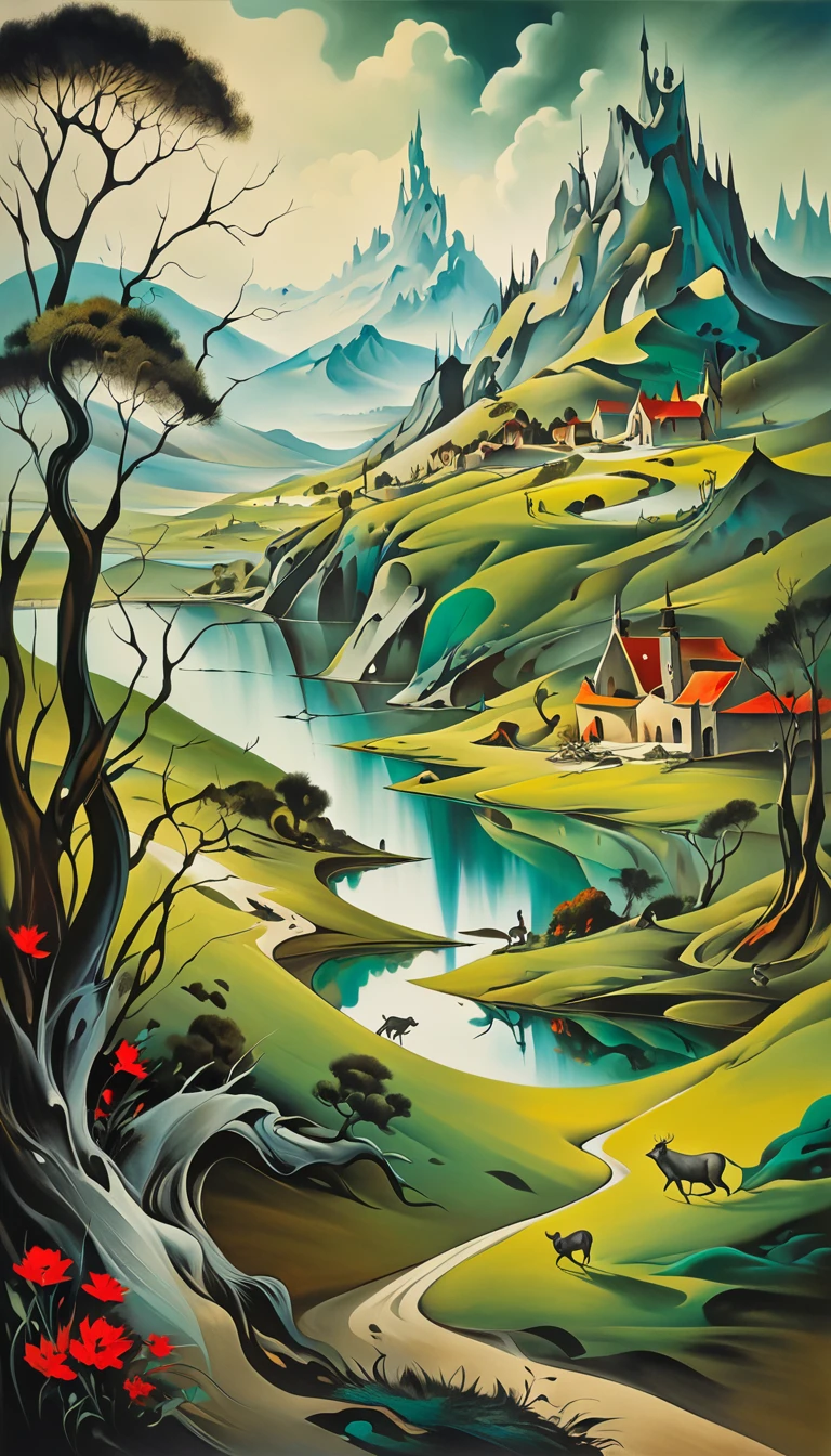 artist by Salvador Dalí,inside the village,wild animals,light tones,(smooth strokes),fine sketches,Vivid,Moody,Landscapes,Fantasy,Dark,landscape oil painting, red and green colors