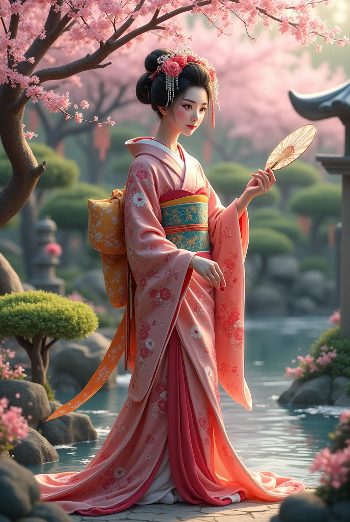 beautiful young japanese geisha in japanese garden