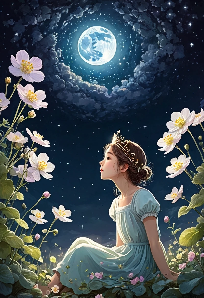 In the moonlight、A girl wearing a crown of evening primroses on her head、Looking up at the night sky。A group of evening primroses surround the girl.、A fantastic space spreads out。An illustration、Dreamy atmosphere