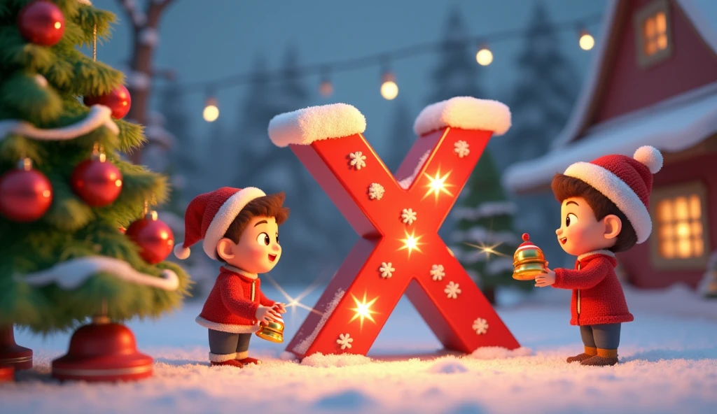 Create an animated image for alphabet X and an talking Xmas tree and children playing with jingles bells with animation 3D