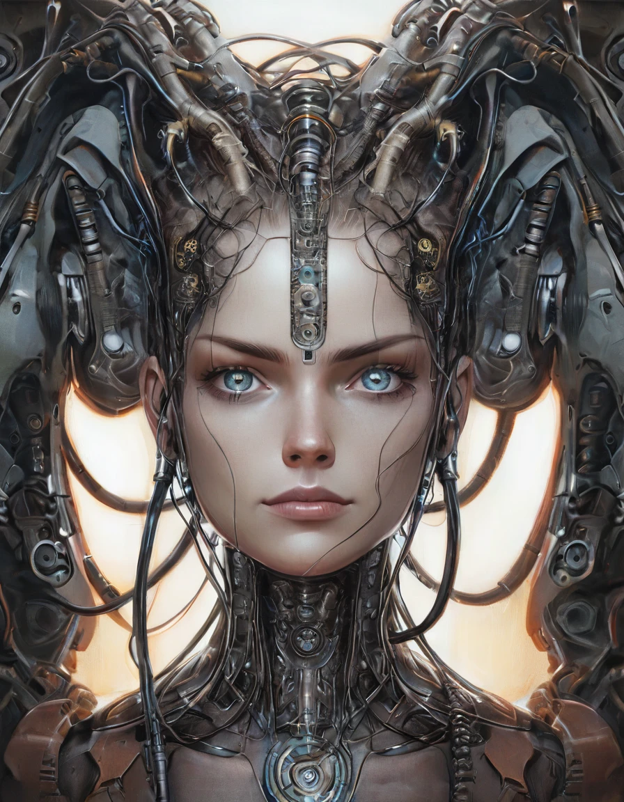 portrait Intertwined cyborgs, mechanical organisms, surreal machinery, dystopian landscapes, merging realities, futuristic architecture, vibrant circuits, artificial evolution.,(gric style:1.05), detailed, ,