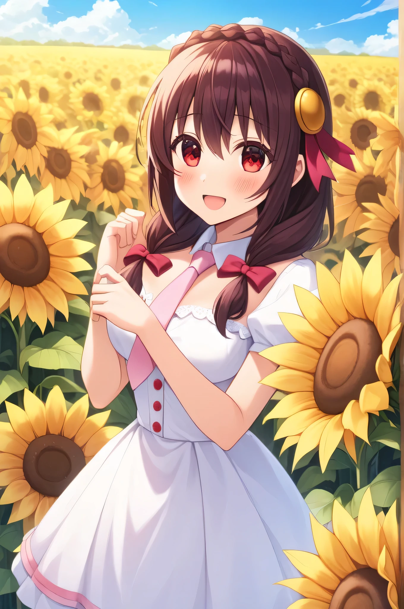 alone, One person, Yunyun, ♥、 (blush:1.5)、Crown braids of the same color as your hair、hair ornaments, Hair Ribbon, Pink tie, White dress, Sunflower field in the background、A very happy look、Standing、He turns around and holds out one hand to the viewer.