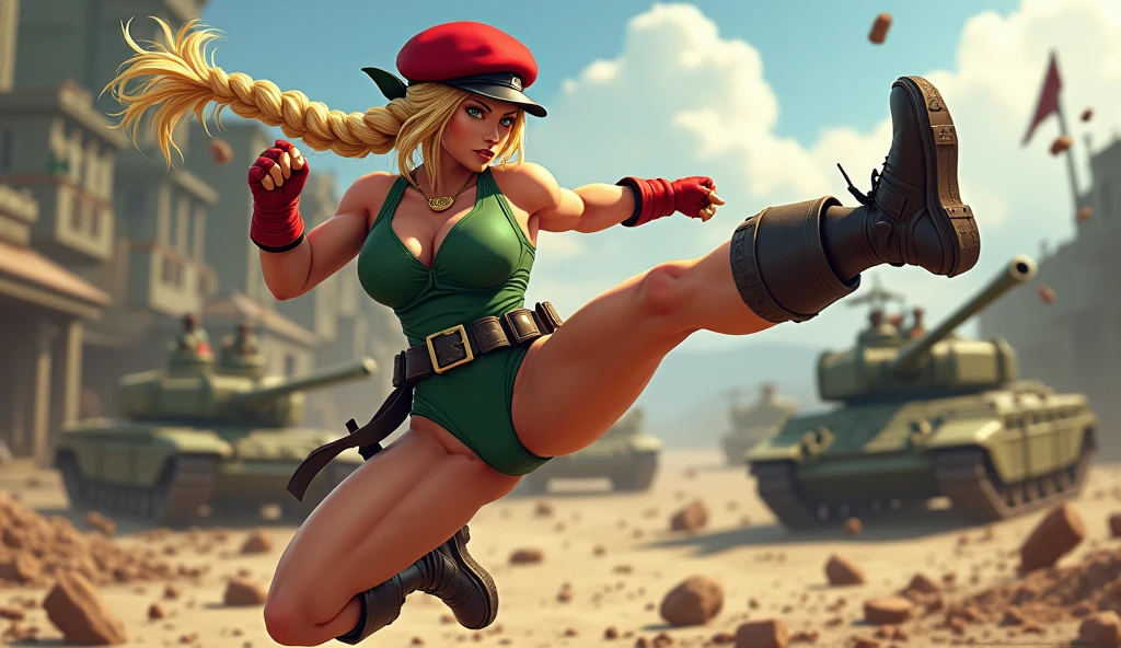 "Cammy, the fierce British fighter from Street Fighter, is captured mid-action during a battle. She is wearing her green leotard with a red beret, matching gloves, and combat boots. Her blonde hair is styled in two long braids, flowing behind her as she executes a high-energy Spiral Arrow kick. The background shows a military base with tanks and soldiers in the distance, and debris scattering from the impact of her powerful move."