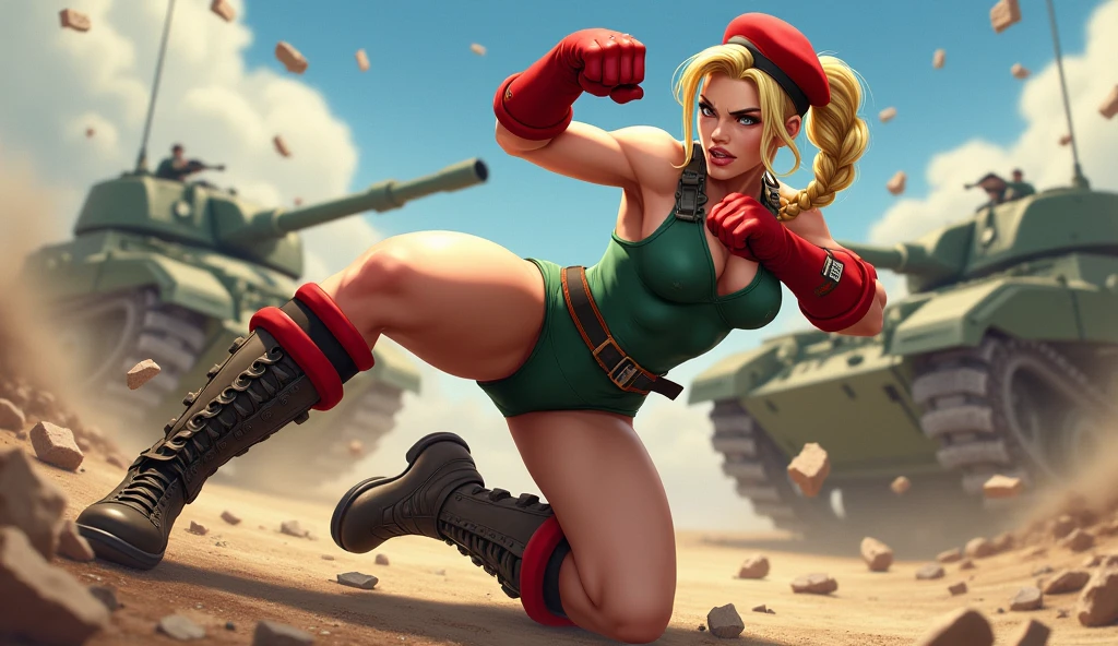 "Cammy, the fierce British fighter from Street Fighter, is captured mid-action during a battle. She is wearing her green leotard with a red beret, matching gloves, and combat boots. Her blonde hair is styled in two long braids, flowing behind her as she executes a high-energy Spiral Arrow kick. The background shows a military base with tanks and soldiers in the distance, and debris scattering from the impact of her powerful move."