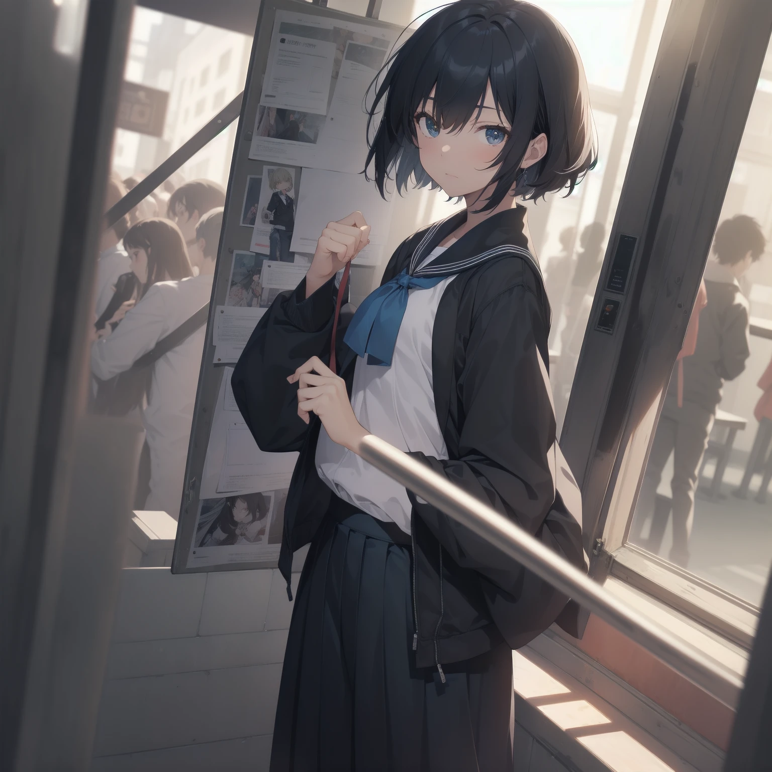 ultra-absurdres-Top quality by artist God, ultra-detailed, high resolution, anime moe artstyle, best anime 8k konachan wallpaper, pixiv contest winner, pool:2810, perfect anatomy,break, 1girl, (Please draw a girl walking sleepily to school alone. )break,(Solo,little female,15yo:1.3),Full limbs, ,a junior high school student, (very short hair), short cut, flat chest, , small butt, small black eyes, beautiful detailed eyes, well-proportioned iris and pupils, expressive eyes, highres detailed hair, soft expression, salor school_uniform, sailor collar, serahuku, bow, pleated skirt,(Detailed Lighting), (Detailed background), in the School commute route. break,super detailed skin, Best cinematic lighting powered by famous artist, 8k,beauty illustration,photoshop_(medium),very aesthetic,break,((artist:echo_(circa) )), artist:clamp ,artist:carnelian ,artist:kantoku ,
