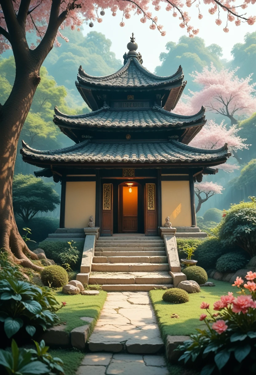 absurd, a high resolution, Ultra detailed, Beautiful, masterpiece, Best quality,Ancient temples, Lush gardens, bright colors, Quiet ponds, Traditional architecture, Cherry blossoms