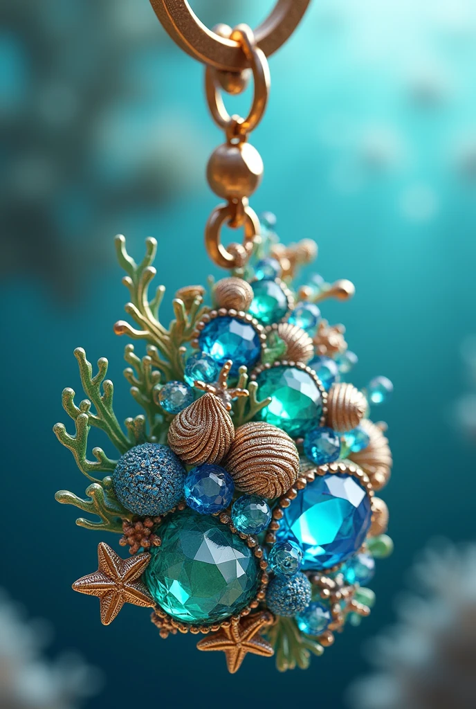  A phone charm with small blue and green crystal charms and sea inspired charms. Make it realistic and bulky