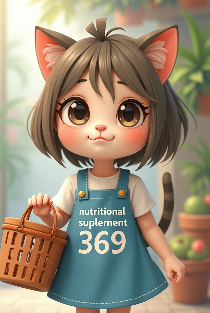 Create for me an image of a short haired girl holding a shopping basket, she wears a youthful blue dress, trên trang phục có dòng chữ "Nutritional Supplement 369 " , her face is the face of a cute cat, photo size 1:1