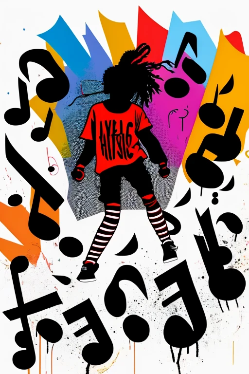 A background filled with scattered musical notes in various sizes and colors、
Creative logo illustration of a silhouette with dreadlocks and red headphones,
Banksy、
A background completely filled with scattered musical notes in various sizes and colors, covering the entire screen.
beautiful girl colorful image
Dance hiphop Dance CREW Waacking Dance
Punking
black medium hair black medium hair
Five fingers Baggy clothes Baggy clothes
HIPHOP crew、