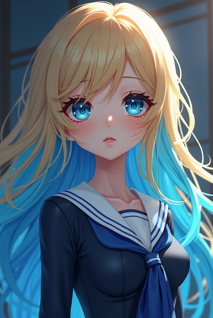 A cute girl with blonde hair mixed with blue at the tips., her eyes have curly eyelashes, her eye lenses are sea blue, wearing a tight school uniform showing off her curves and having big breasts