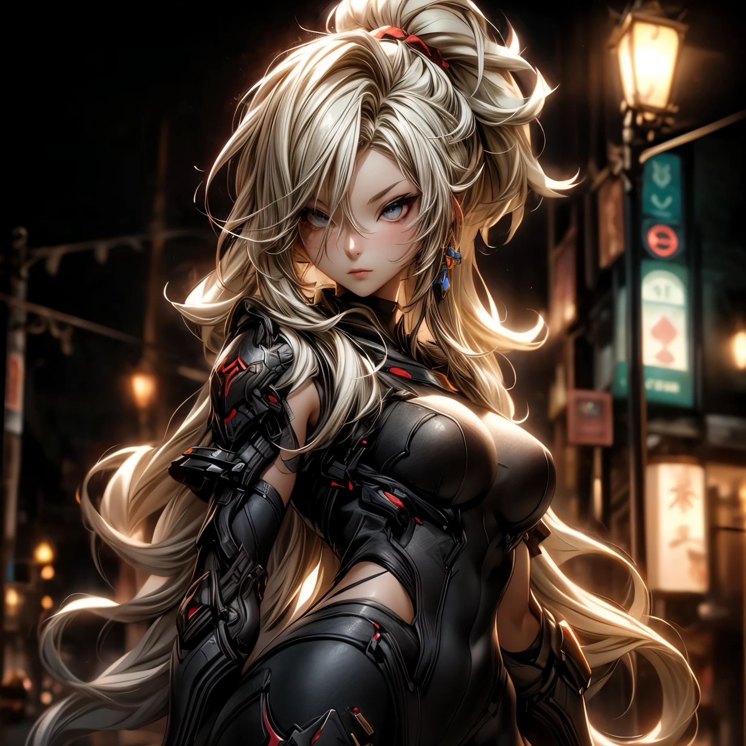 (best quality)), ((Masterpiece)), (details:1.4), 3d, HDR (high dynamic range), an image of a beautiful cyberpunk female, Hips up, Fantasy, Sleek style, Blonde hair, High ponytail, beautiful Red eyes, จมูกโด่ง, ปากแดง, หน้าอกใหญ่, nvidia RTX, PBR surface, After processing, Anisotropic filtration,depth of field, Maximum clarity and clarity, multi-layered surface, Subsurface scattering, perfect proportions, 8K raw files, ultra detailed, Perfect proportions, volumetric lighting, soft lighting, Holy Paladin, Heavy Black Armor, glossy skin, Castle background, jewely, ต่างหู, นิ้วมือสมบูรณ์,