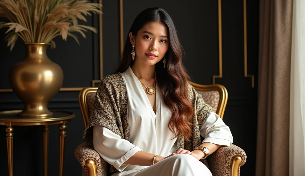 Indonesian woman with long wavy ombre hair. She wore a long white kebaya and was wrapped in a beautiful batik shawl with intricate beading and gold accents. Strappy gold gladiator sandals completed her outfit. She accessorized with big gold earrings and a statement necklace, exuding confidence, dynamic pose. He sat elegantly, in an armchair, surrounded by a room decorated with gold and black