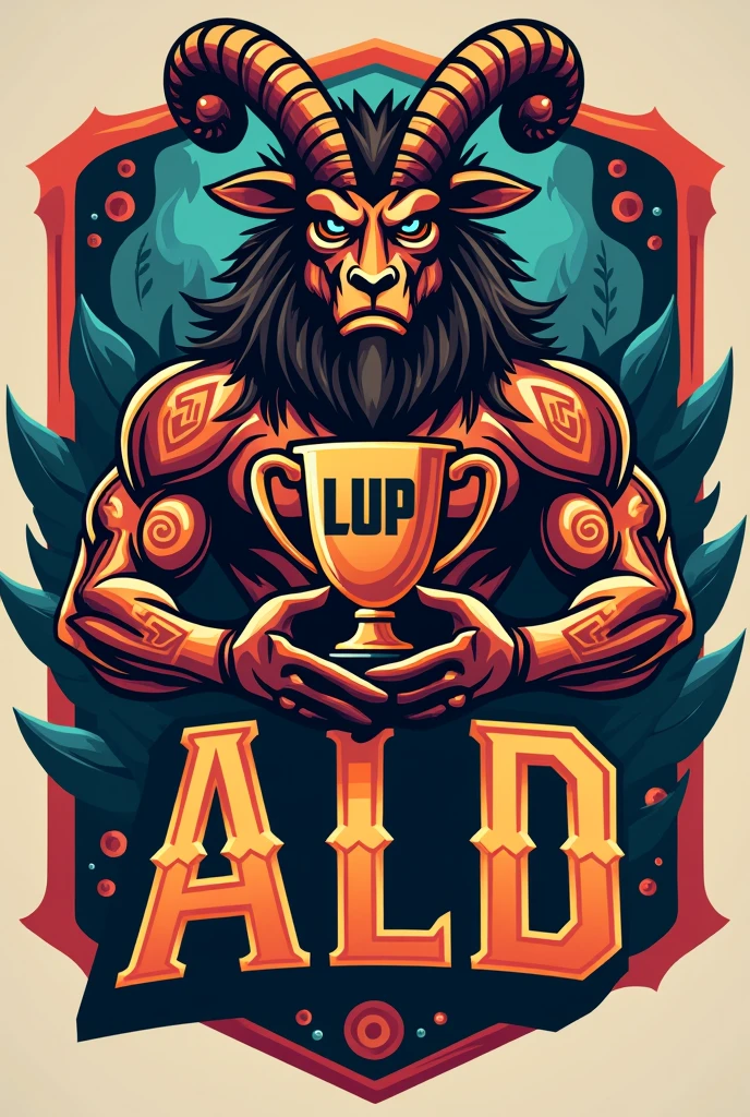 create a sports logo with the name ALD with an indigenous mascot Tupã holding a trophy with goat written inside