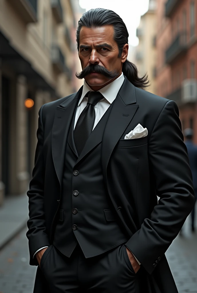 A gangster guy who is 30 year old and always wear executive coats and suits .He have a growned moustache not beard. Long hair with pony tale . And an attittude face
