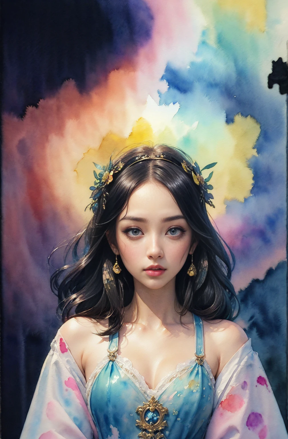 (Tabletop, Highest qualityの, Highest quality, Official Art, (beautifully、aesthetic:1.4), (Watercolor:1.4) ), (Izanami 1.5), 日本のgod話の女god, Majestic beauty, 創造の女god、生命の女god、Typically、((((Typically))))、Reincarnation Support, god'Grace, Gentle and meditative expressions, Flowing, celestial garments, Shine、Created all the landscapes and worlds on Earth, A dazzling dance of light, Whispers of Ancient Legends