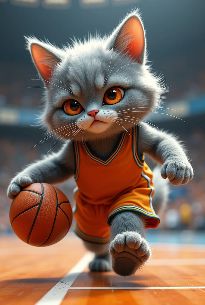 masterpiece, high quality, Absurd answer, number \(artwork\), by Dagasi, Yes,Seizan,(Fluffy fur:1.1),(bright:0.8),Anthropomorphic male cat. (Orange Eyes,Gray blue fur, Body hair, Cat nose:1.2), bright eyes,panoramic,character focus.Detailed background,(Basketball Jersey, Sweating,Dribbling, play basketball:1.2),(indoor, Basketball Court:1.2)